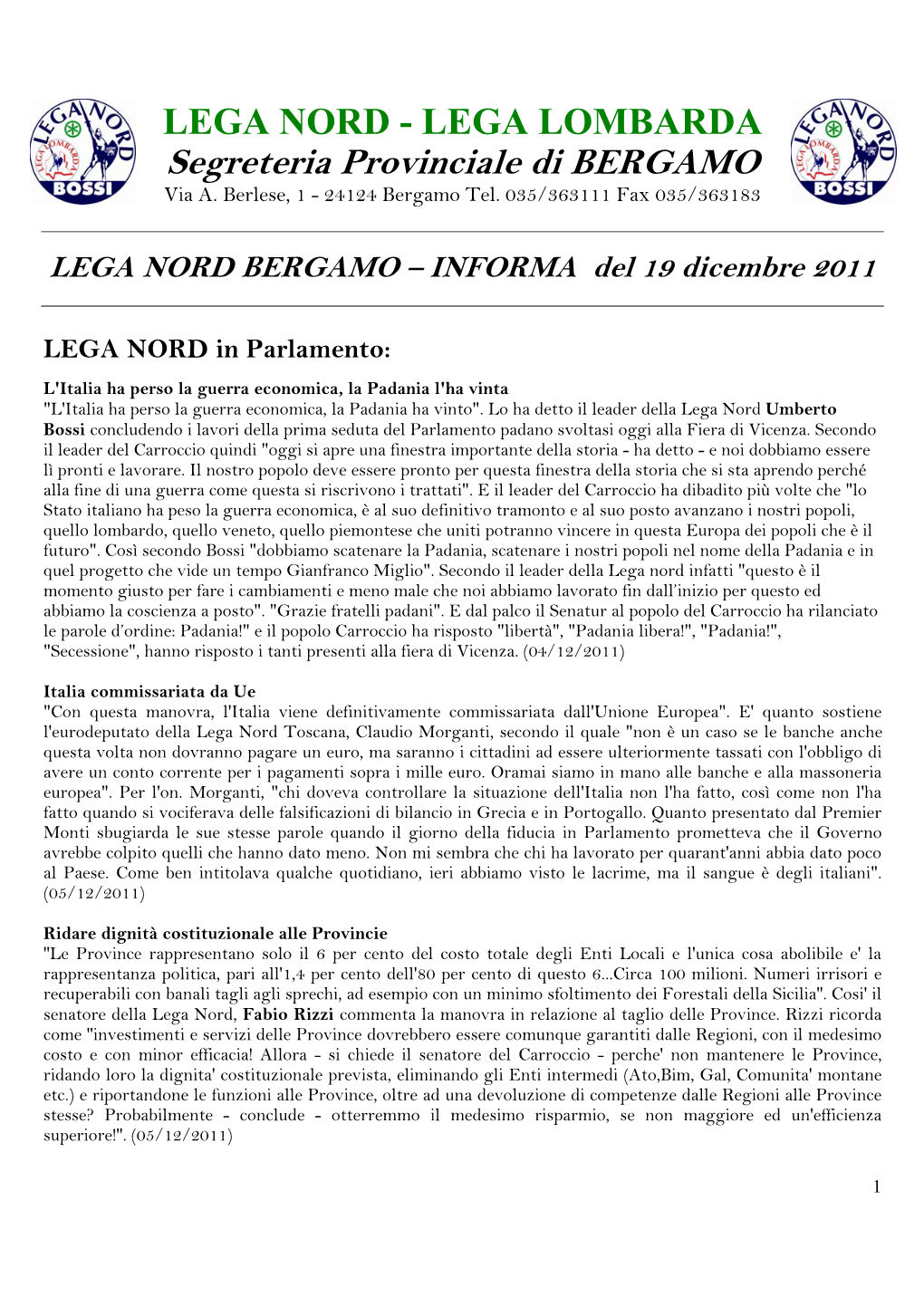 111219 LEGA NORD Bergamo – Informa 19 Dicembre 2011