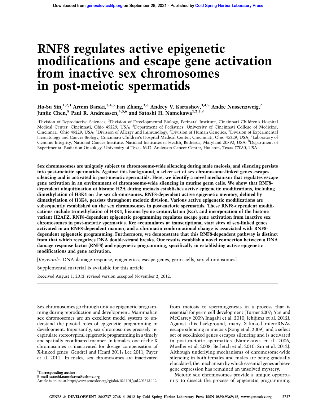 RNF8 Regulates Active Epigenetic Modifications and Escape Gene Activation from Inactive Sex Chromosomes in Post-Meiotic Spermatids