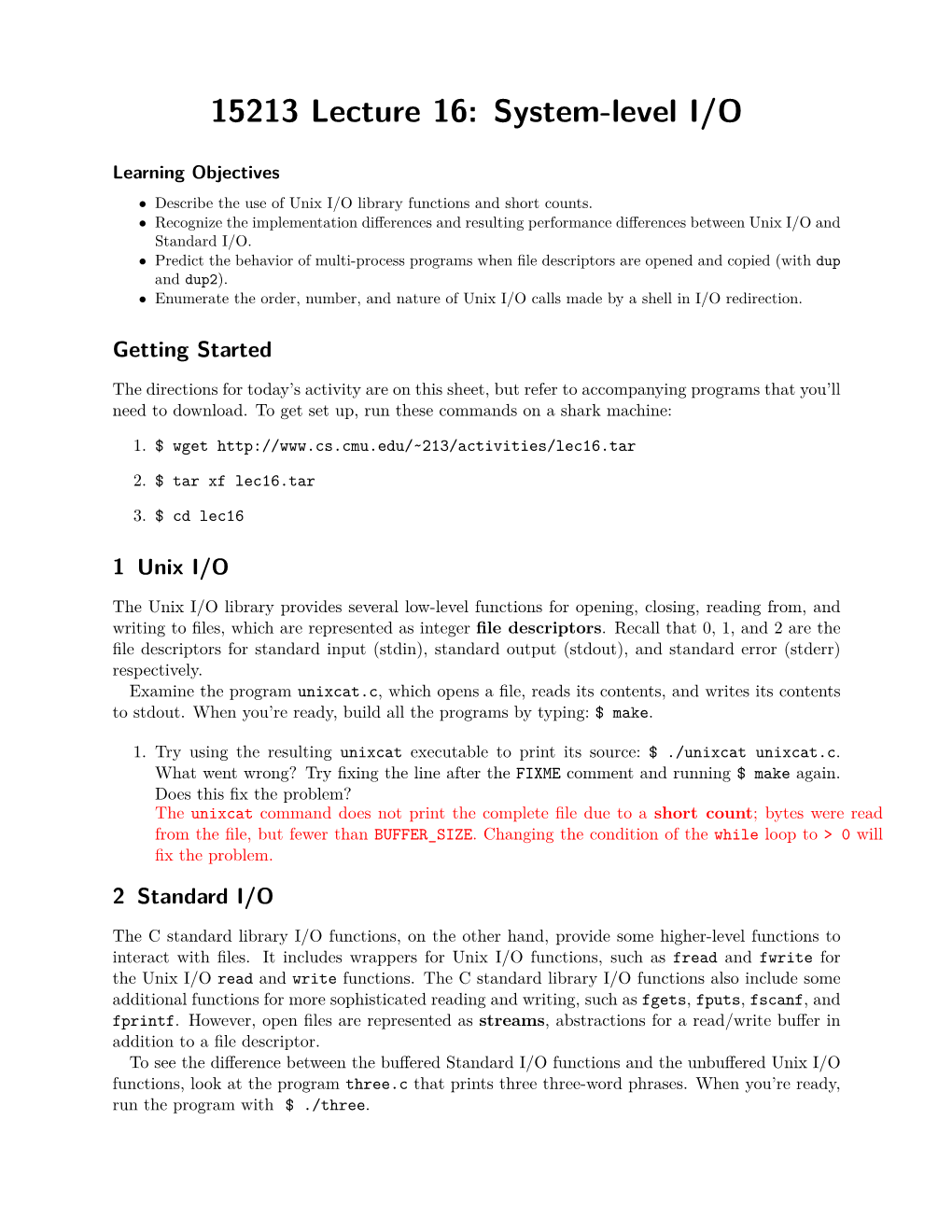 15213 Lecture 16: System-Level I/O