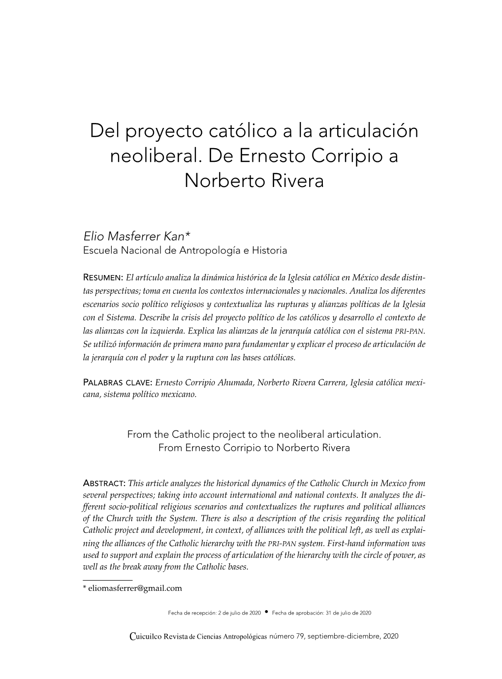 Del Proyecto Católico a La Articulación Neoliberal. De Ernesto Corripio a Norberto Rivera