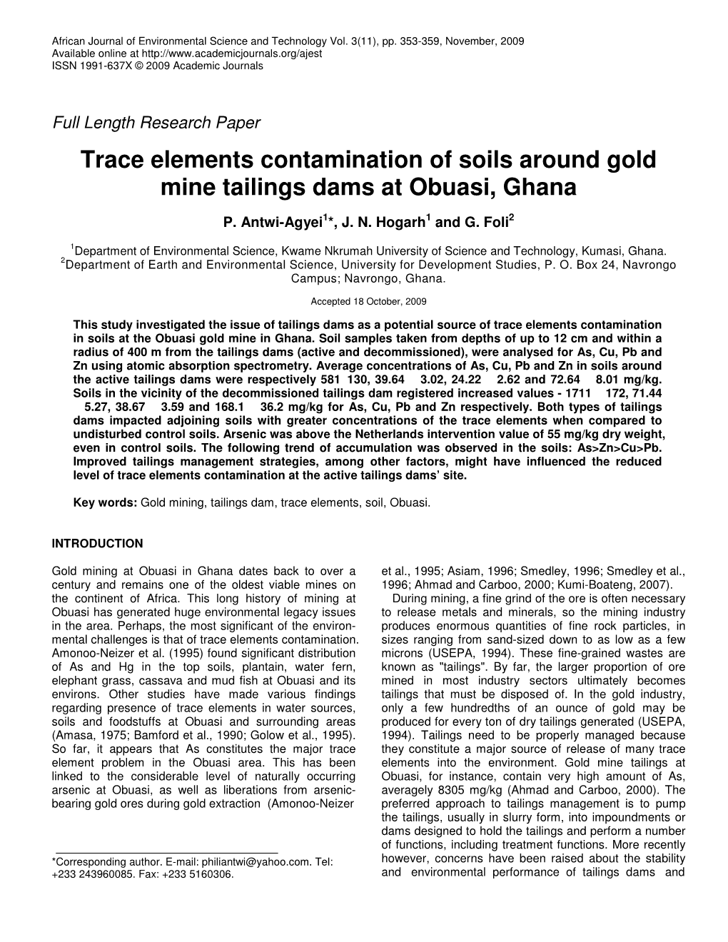 Trace Elements Contamination of Soils Around Gold Mine Tailings Dams at Obuasi, Ghana