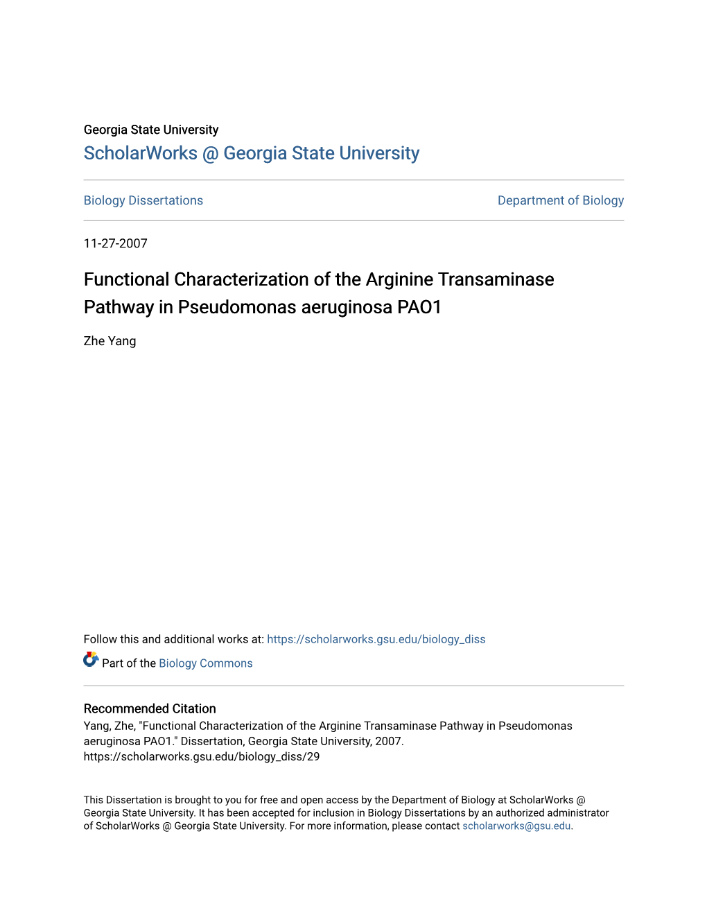 Functional Characterization of the Arginine Transaminase Pathway in Pseudomonas Aeruginosa PAO1