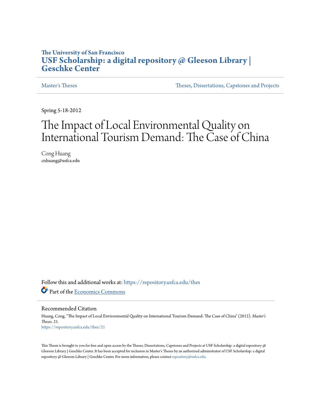 The Impact of Local Environmental Quality on International Tourism Demand: the Case of China