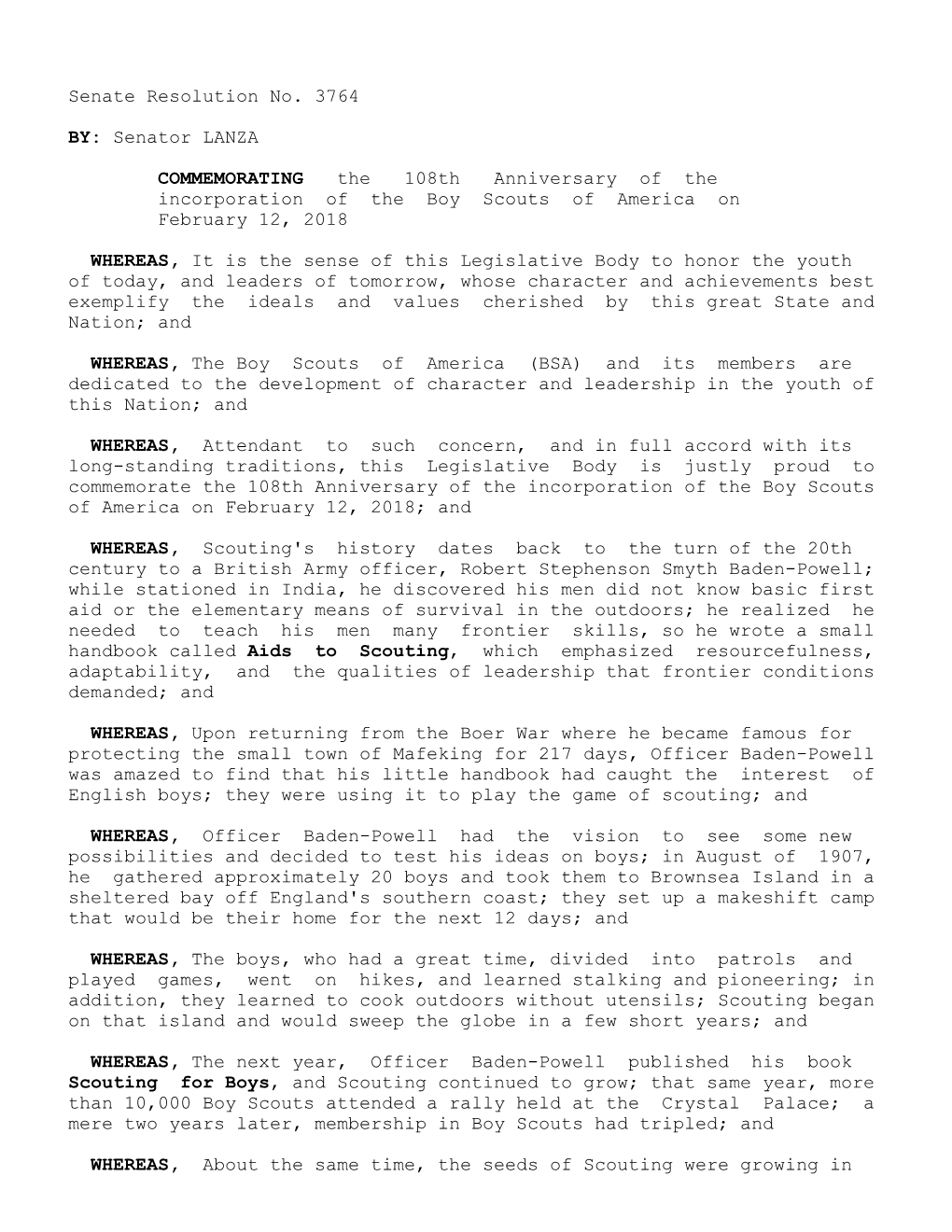 Senate Resolution No. 3764 Senator LANZA BY: the 108Th Anniversary of the COMMEMORATING Incorporation of the Boy Scout