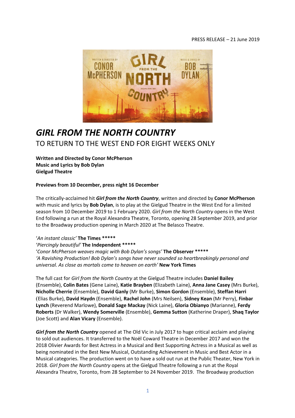 Girl from the North Country to Return to the West End for Eight Weeks Only