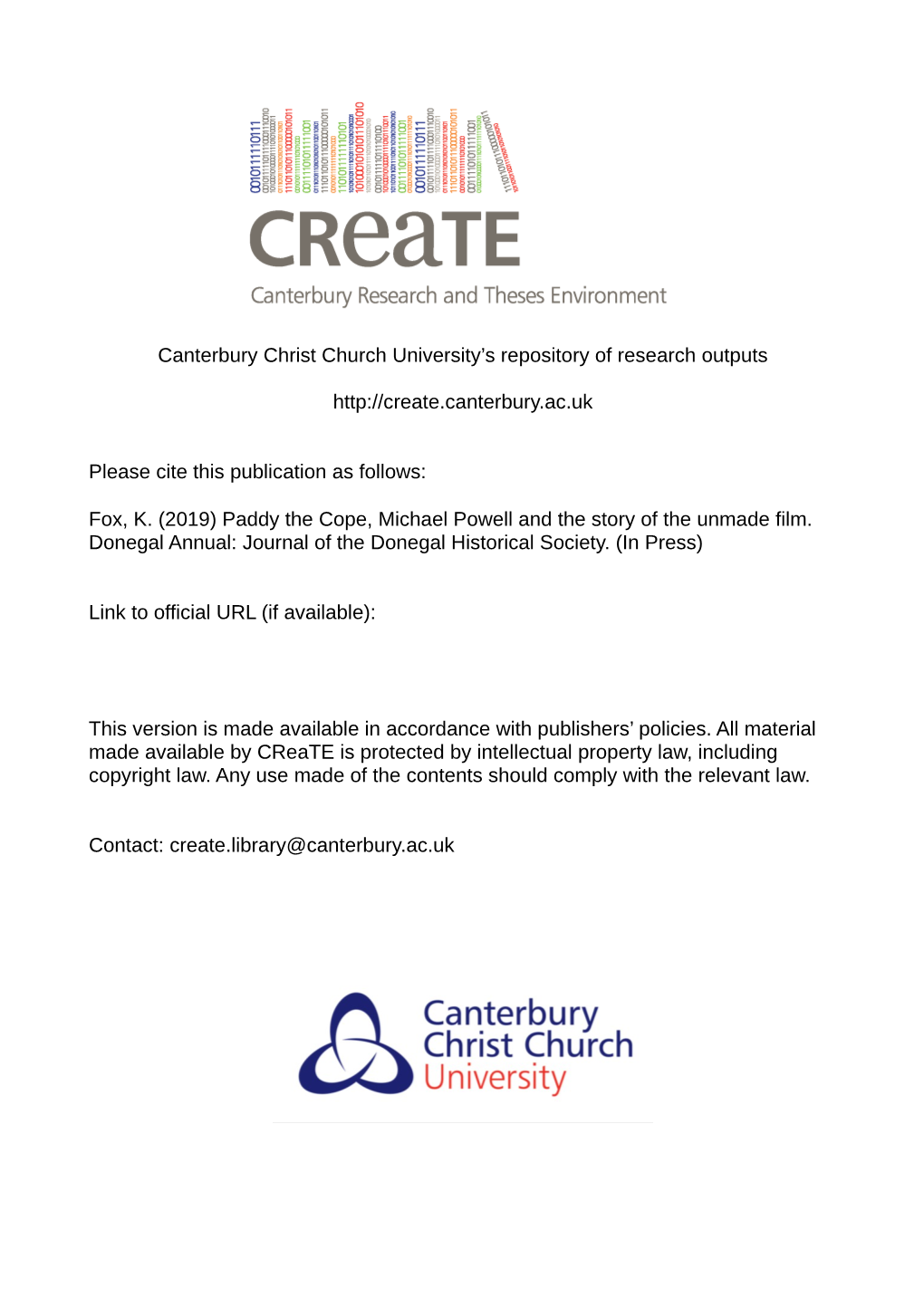 Canterbury Christ Church University's Repository of Research Outputs Http