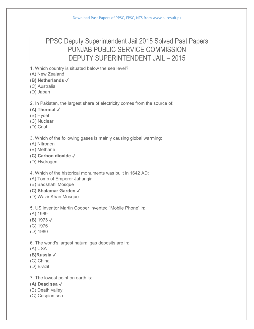 PPSC Deputy Superintendent Jail 2015 Solved Past Papers PUNJAB PUBLIC SERVICE COMMISSION DEPUTY SUPERINTENDENT JAIL – 2015 1