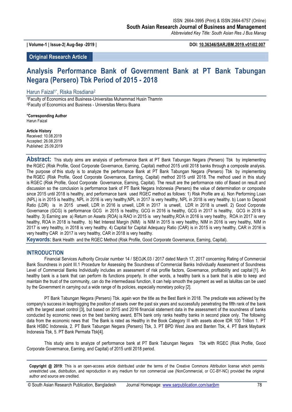 Analysis Performance Bank of Government Bank at PT Bank Tabungan Negara (Persero) Tbk Period of 2015 - 2018