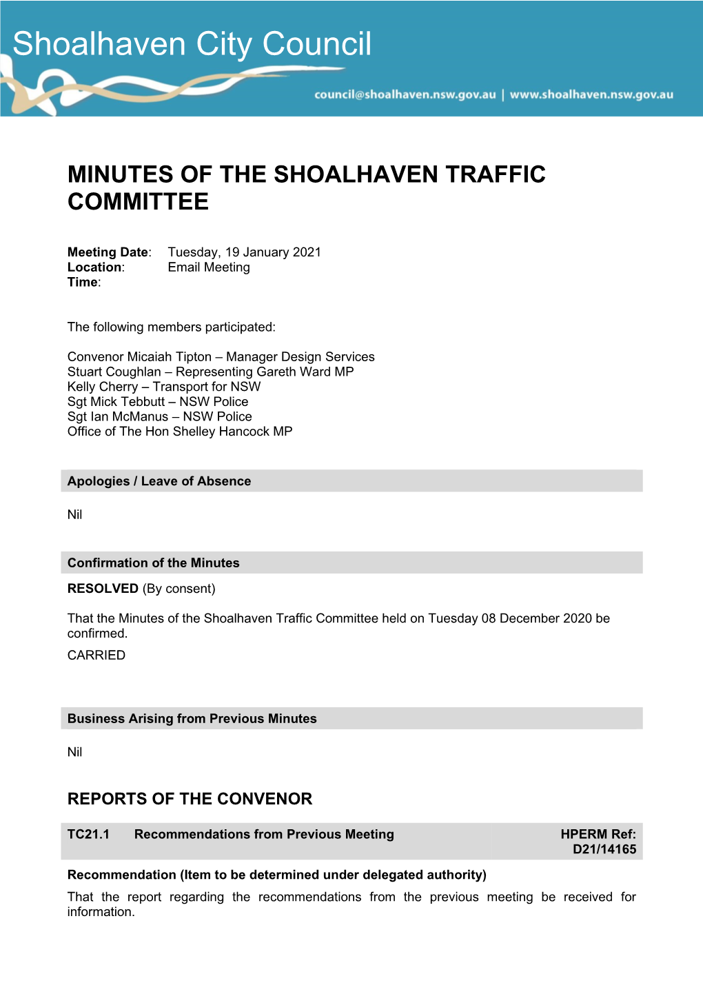 Minutes of Shoalhaven Traffic Committee