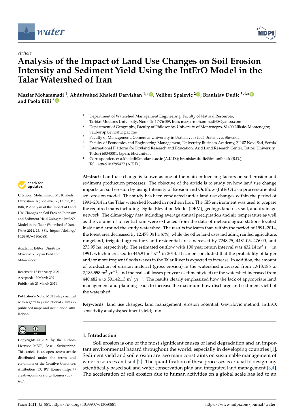 Analysis of the Impact of Land Use Changes on Soil Erosion Intensity and Sediment Yield Using the Intero Model in the Talar Watershed of Iran