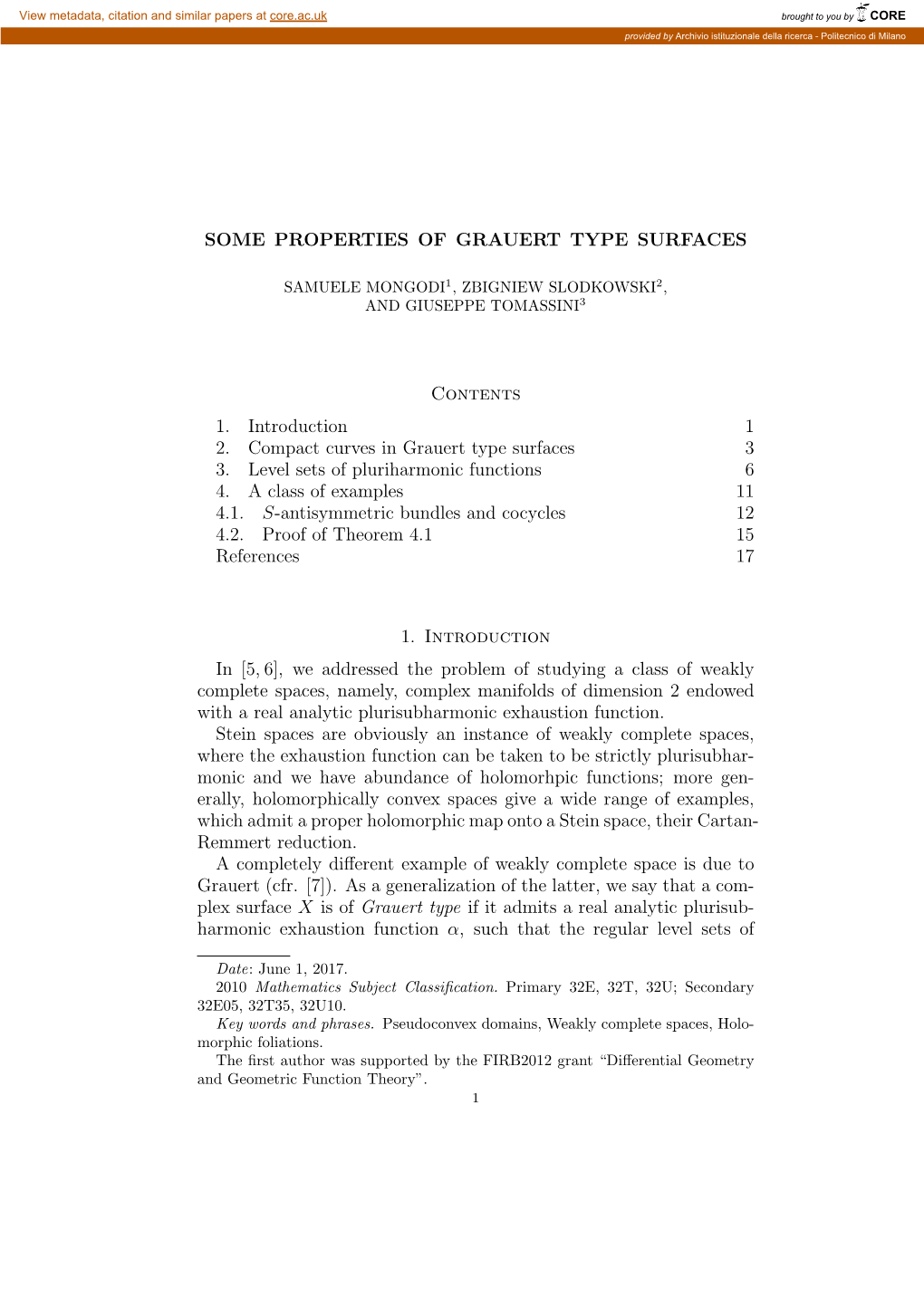 SOME PROPERTIES of GRAUERT TYPE SURFACES Contents 1