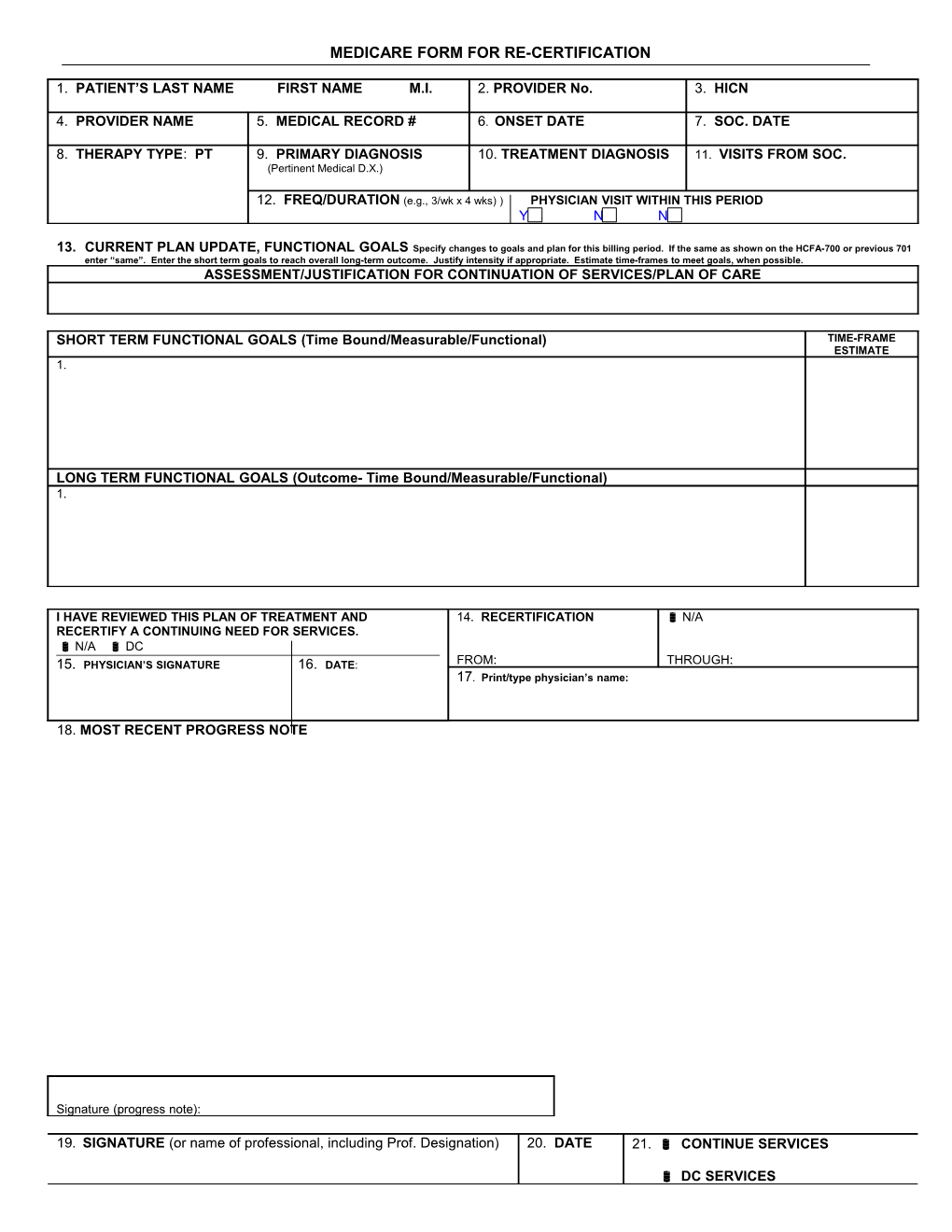 Medicare Form for Re-Certification