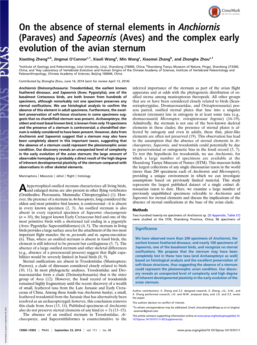 And Sapeornis (Aves) and the Complex Early Evolution of the Avian Sternum