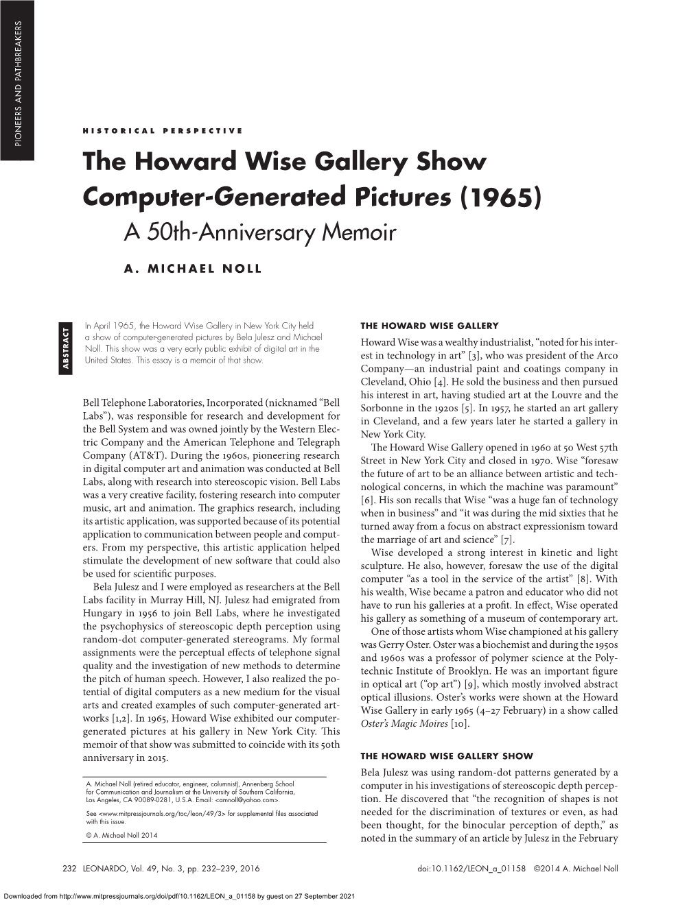 The Howard Wise Gallery Show Computer-Generated Pictures (1965) a 50Th-Anniversary Memoir