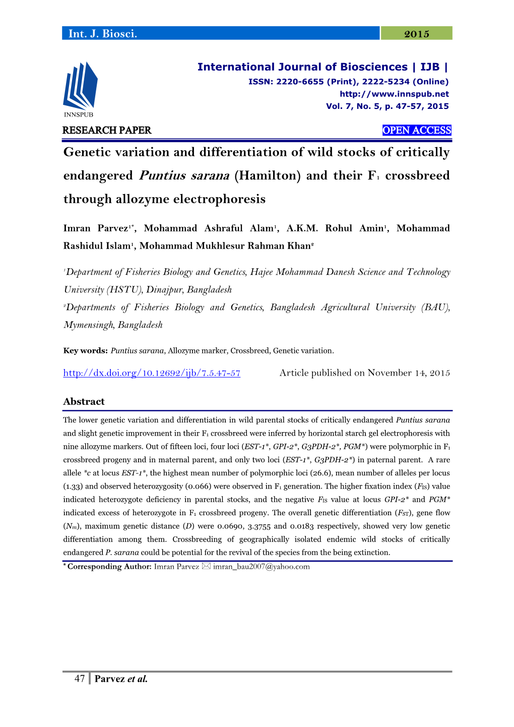 Genetic Variation and Differentiation of Wild Stocks of Critically Endangered Puntius Sarana (Hamilton) and Their F1 Crossbreed Through Allozyme Electrophoresis