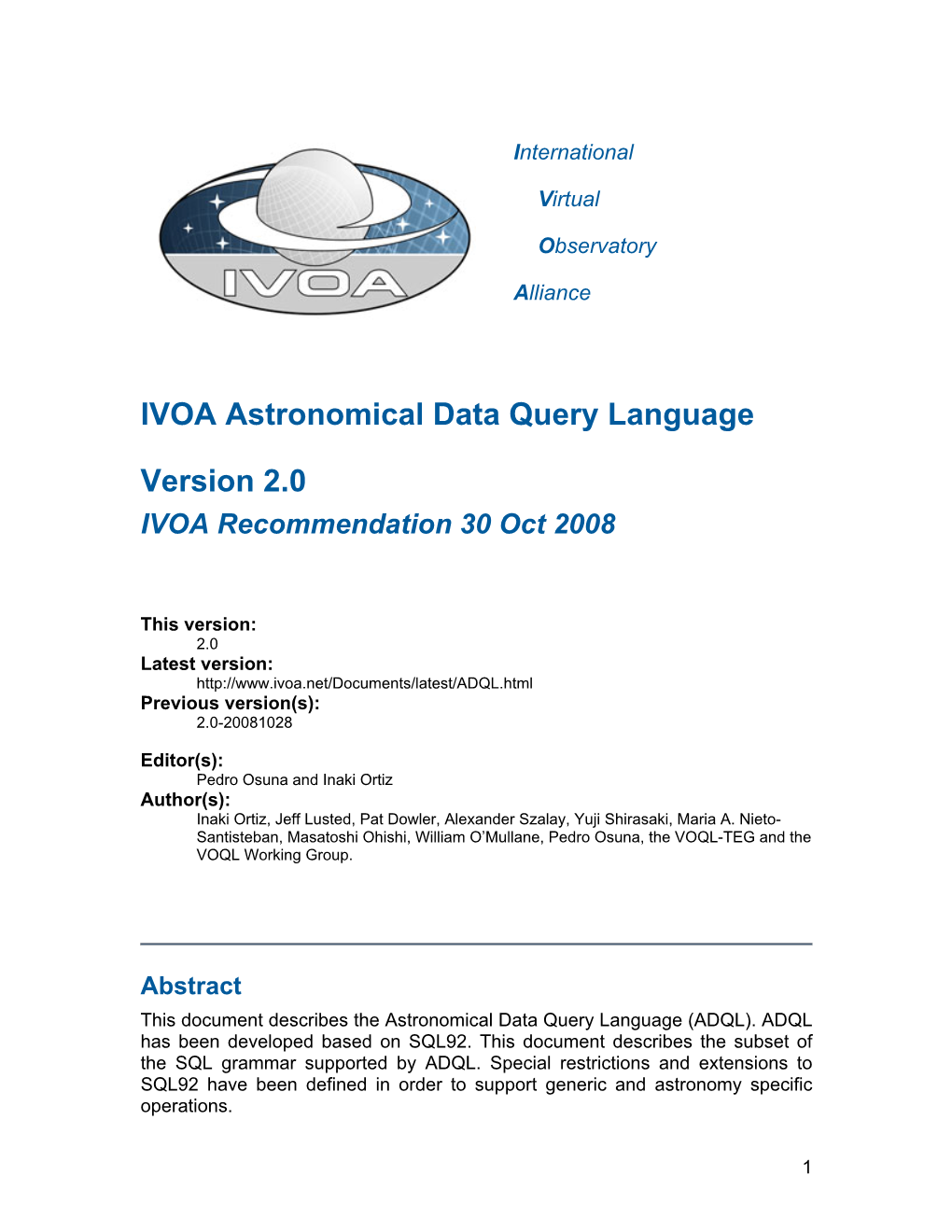 IVOA Astronomical Data Query Language Version