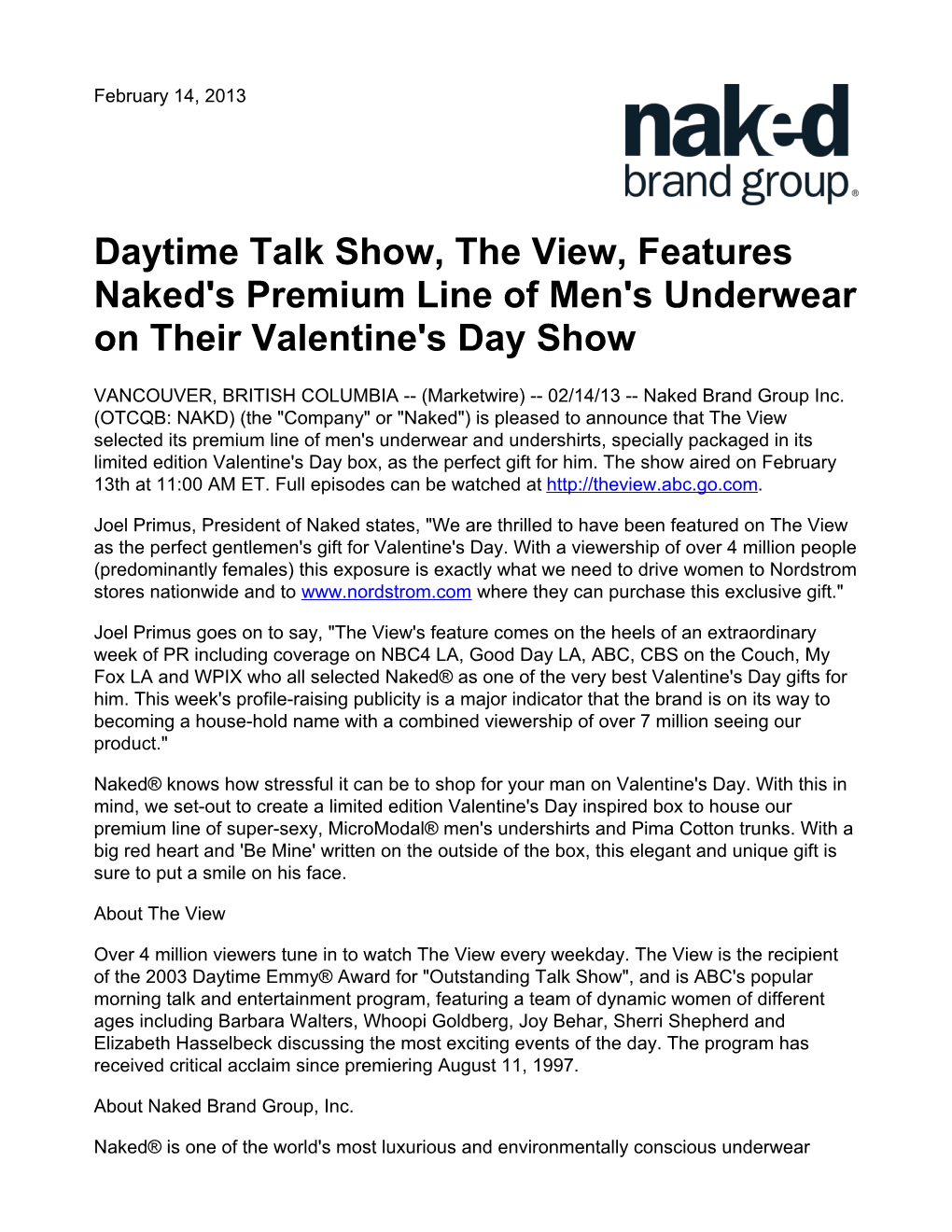 Daytime Talk Show, the View, Features Naked's Premium Line of Men's Underwear on Their Valentine's Day Show