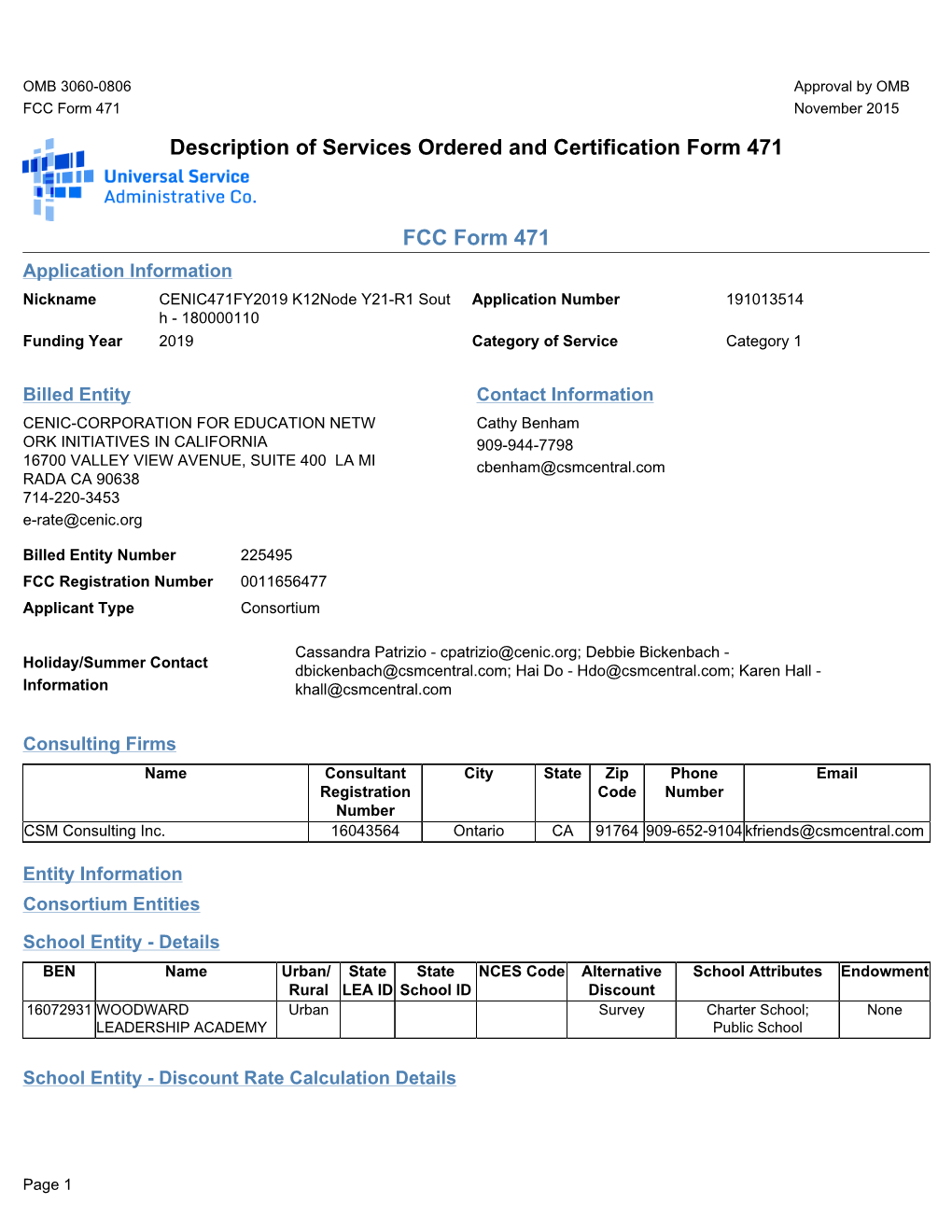 Description of Services Ordered and Certification Form 471 FCC Form