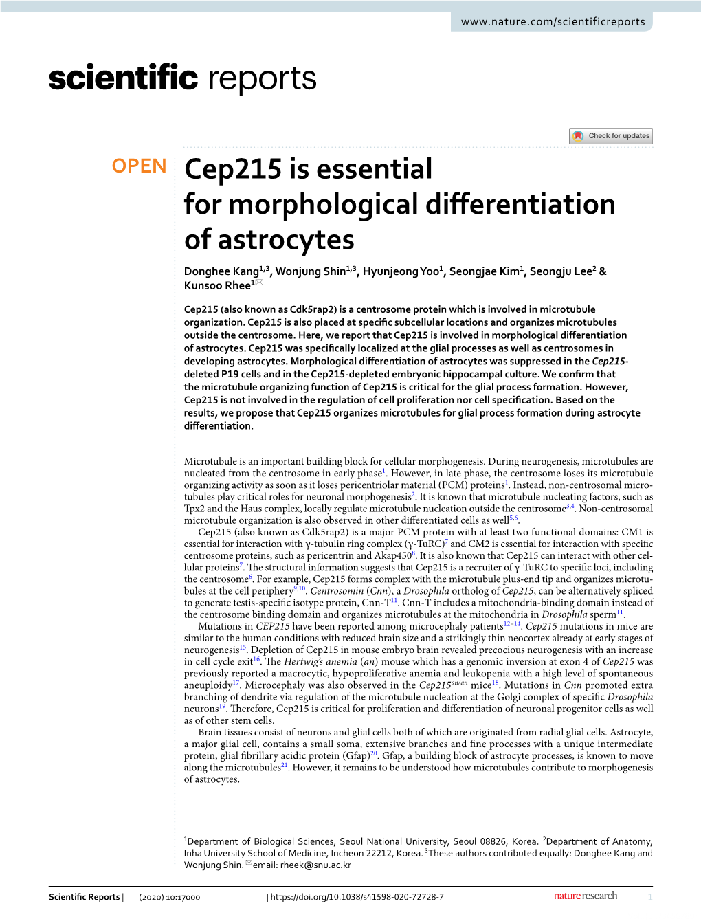 Cep215 Is Essential for Morphological Differentiation of Astrocytes