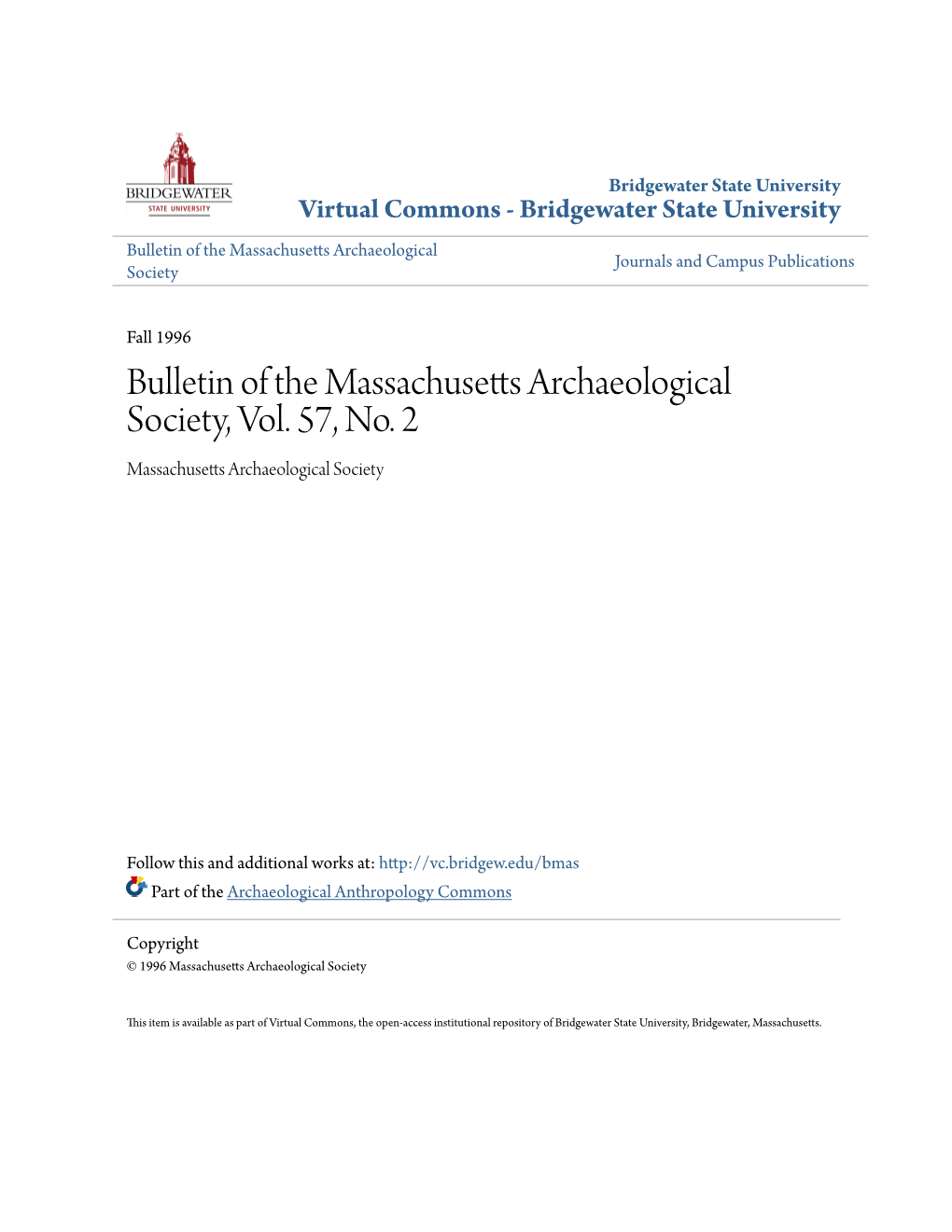Bulletin of the Massachusetts Archaeological Society, Vol. 57, No. 2 Massachusetts Archaeological Society