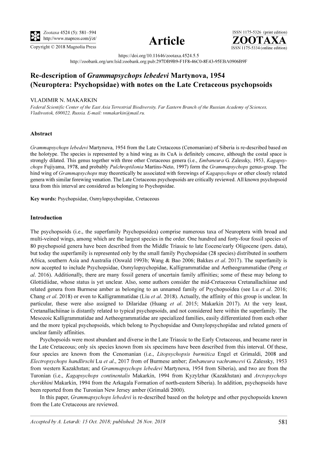 (Neuroptera: Psychopsidae) with Notes on the Late Cretaceous Psychopsoids