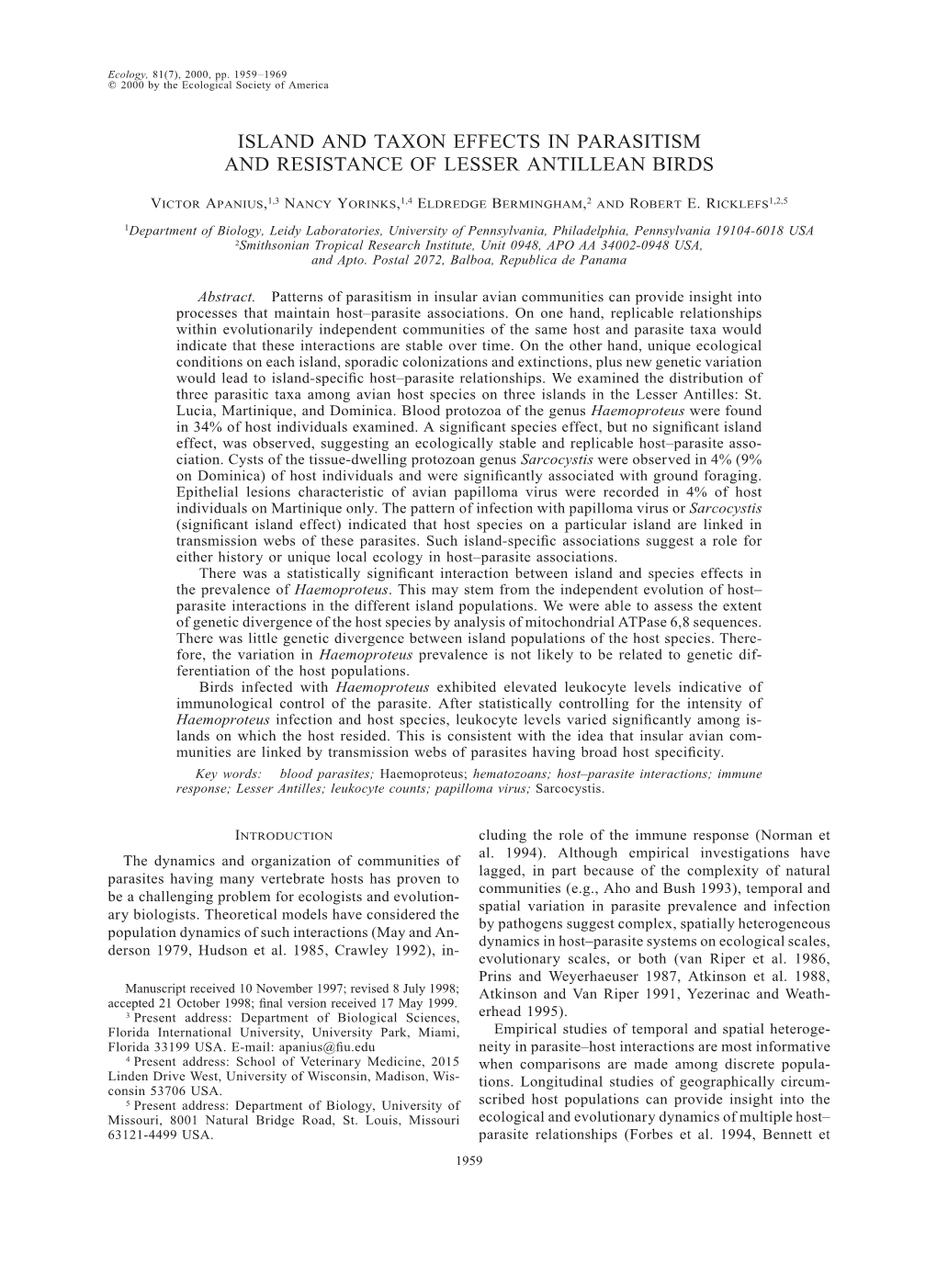 Island and Taxon Effects in Parasitism and Resistance of Lesser Antillean Birds