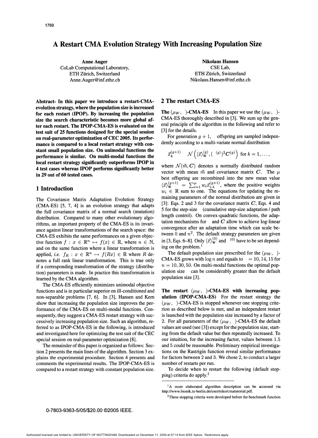 A Restart CMA Evolution Strategy with Increasing Population Size