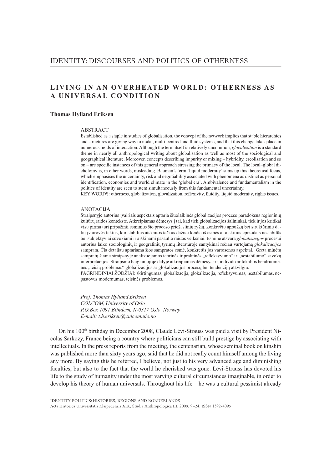 Thomas Hylland ERIKSEN – Living in an Overheated World: Otherness As