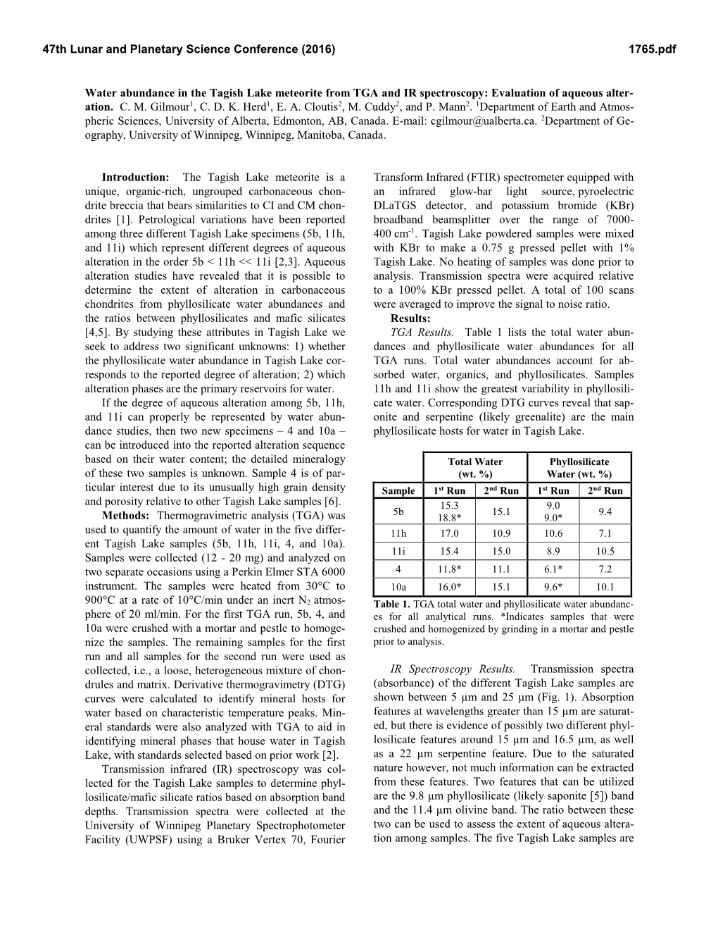 Water Abundance in the Tagish Lake Meteorite from TGA and IR Spectroscopy: Evaluation of Aqueous Alter- Ation