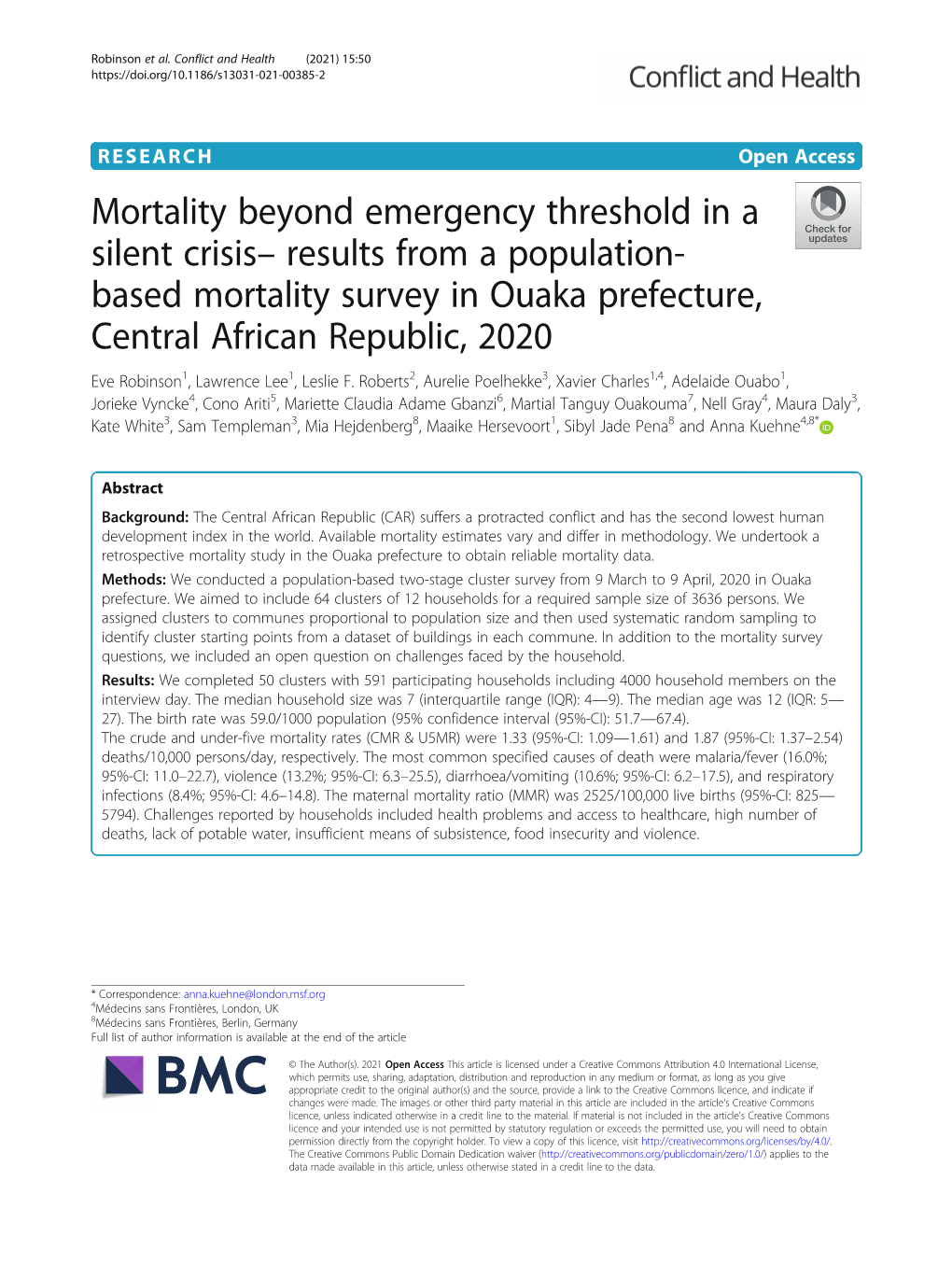 Results from a Population-Based Mortality Survey in Ouaka Prefecture