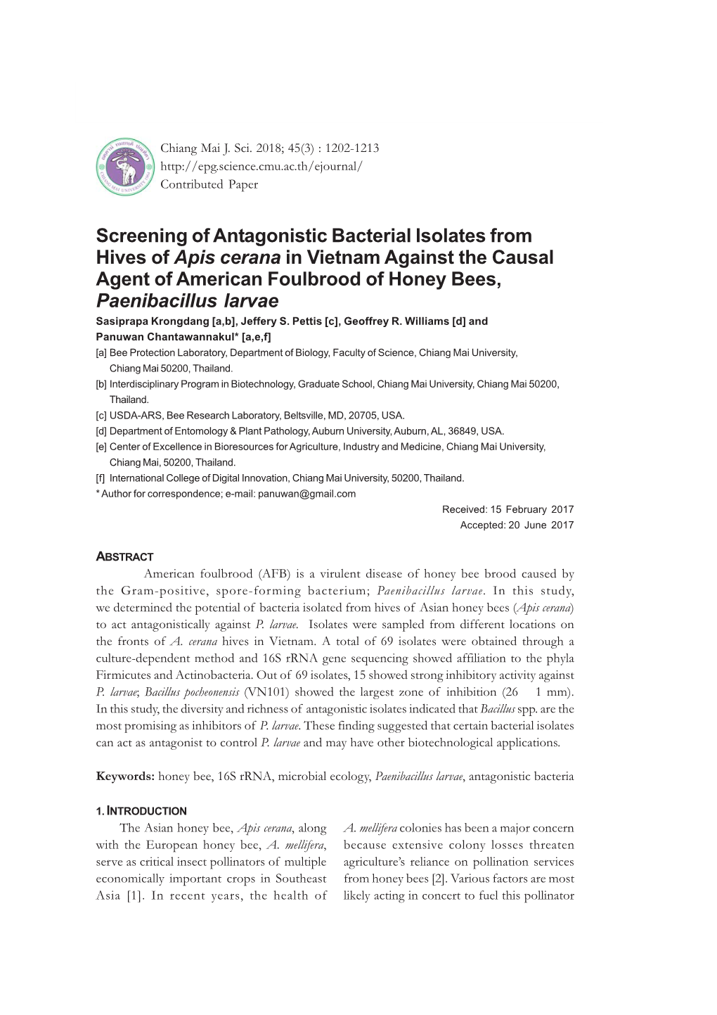 Screening of Antagonistic Bacterial Isolates from Hives of Apis Cerana in Vietnam Against the Causal Agent of American Foulbrood