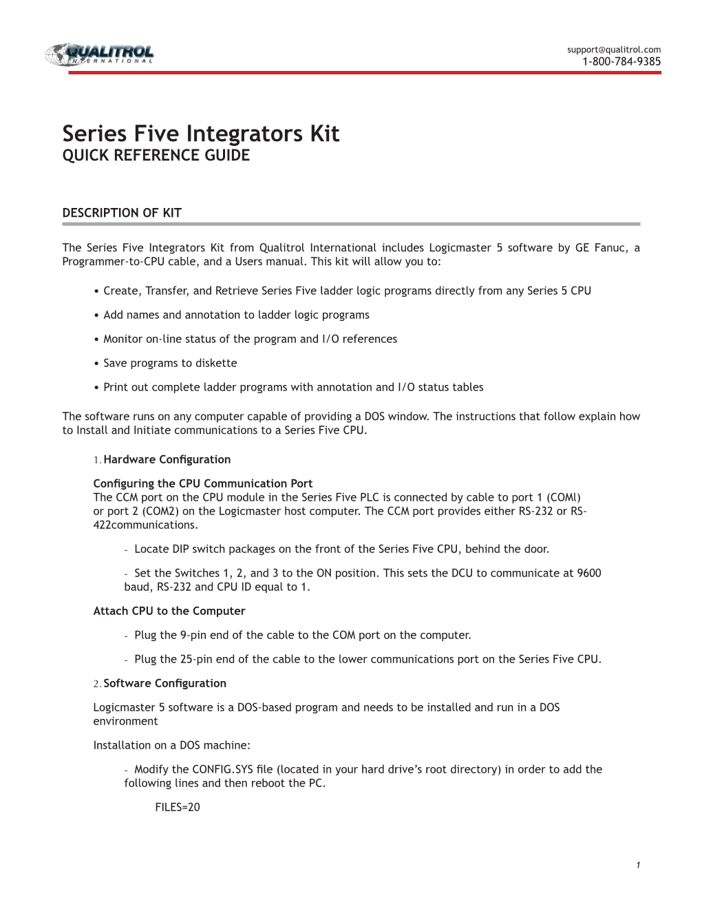 Series Five Integrators Kit QUICK REFERENCE GUIDE