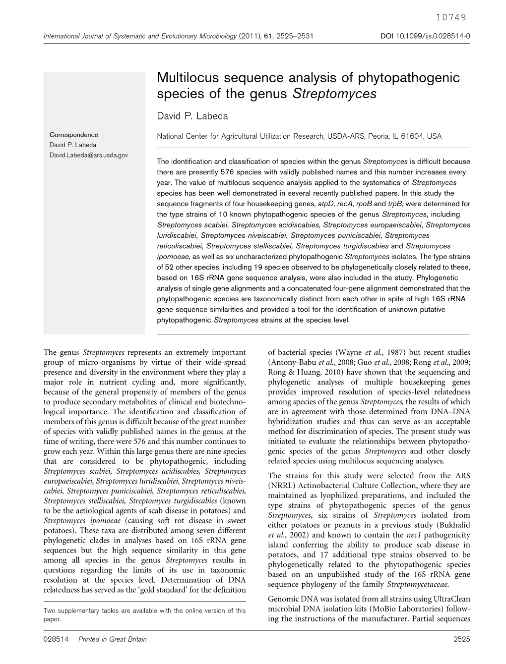 Multilocus Sequence Analysis of Phytopathogenic Species of the Genus Streptomyces