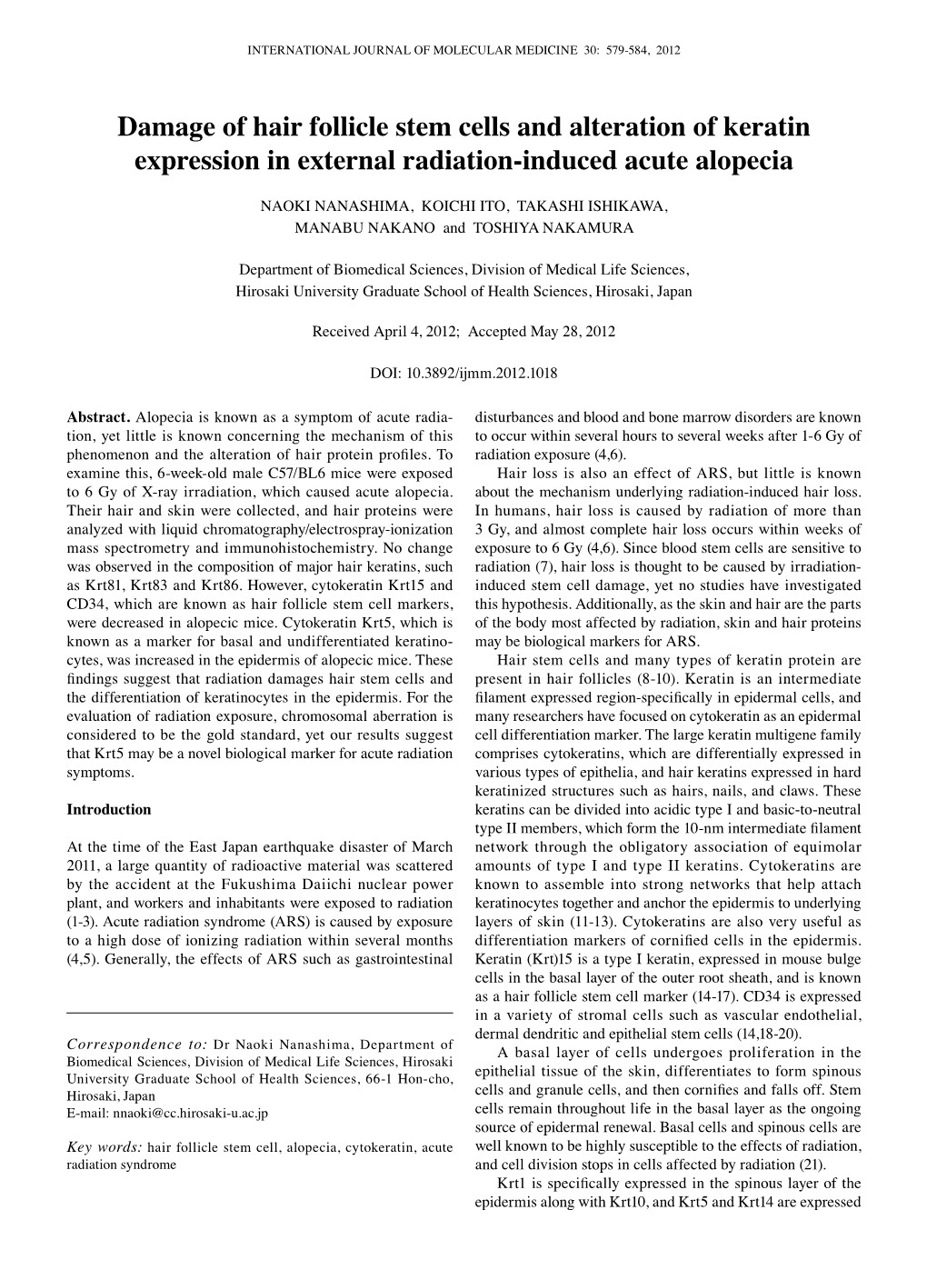 Damage of Hair Follicle Stem Cells and Alteration of Keratin Expression in External Radiation-Induced Acute Alopecia