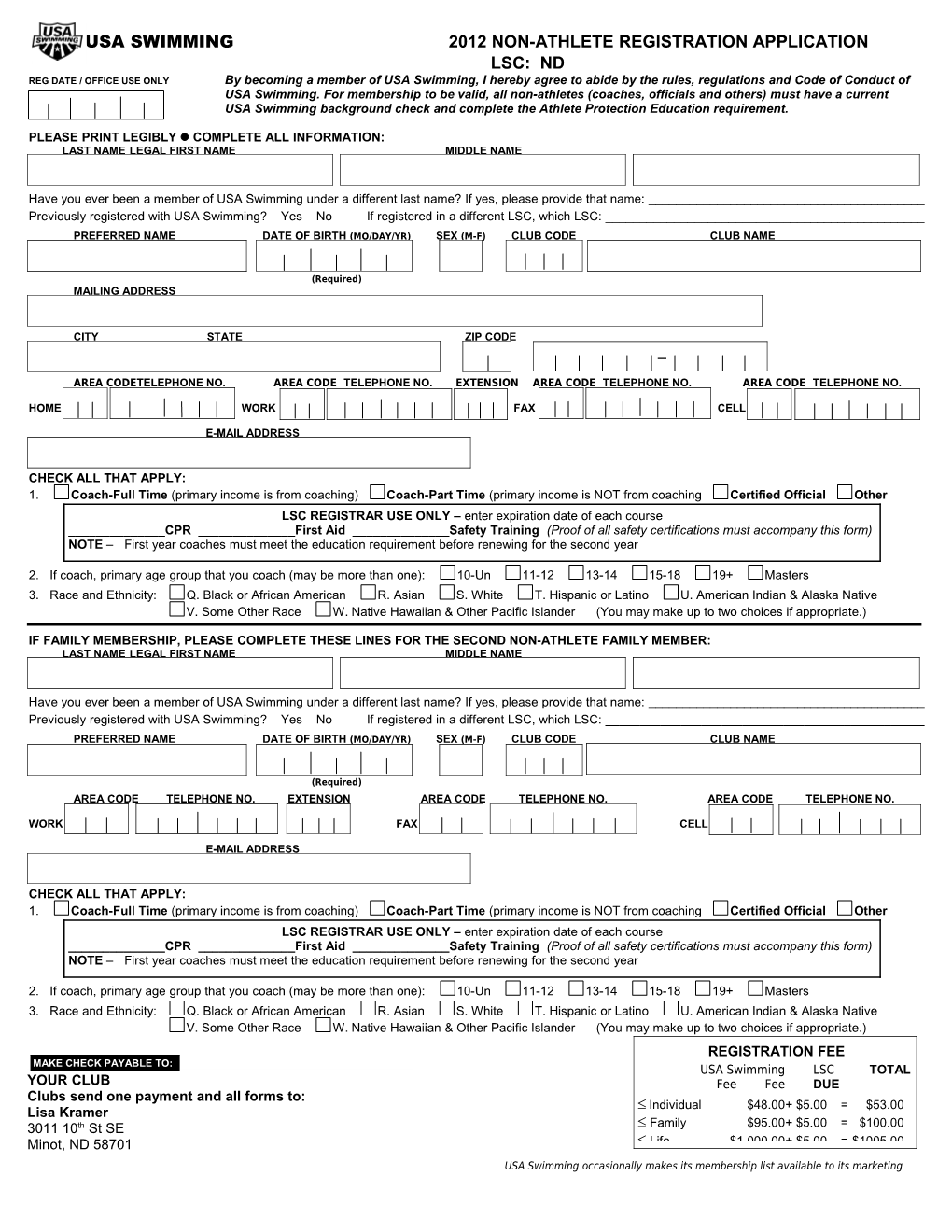 Usa Swimming 2012 Non-Athlete Registration Application