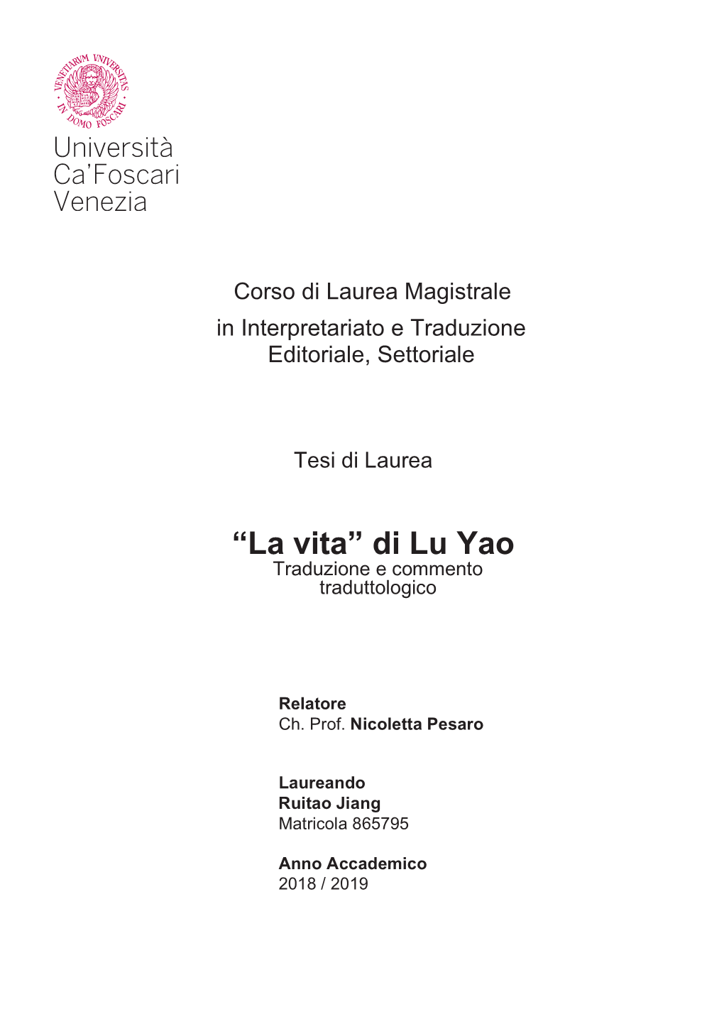 “La Vita” Di Lu Yao Traduzione E Commento Traduttologico