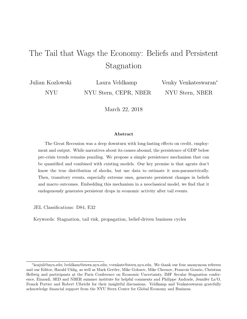 The Tail That Wags the Economy: Beliefs and Persistent Stagnation