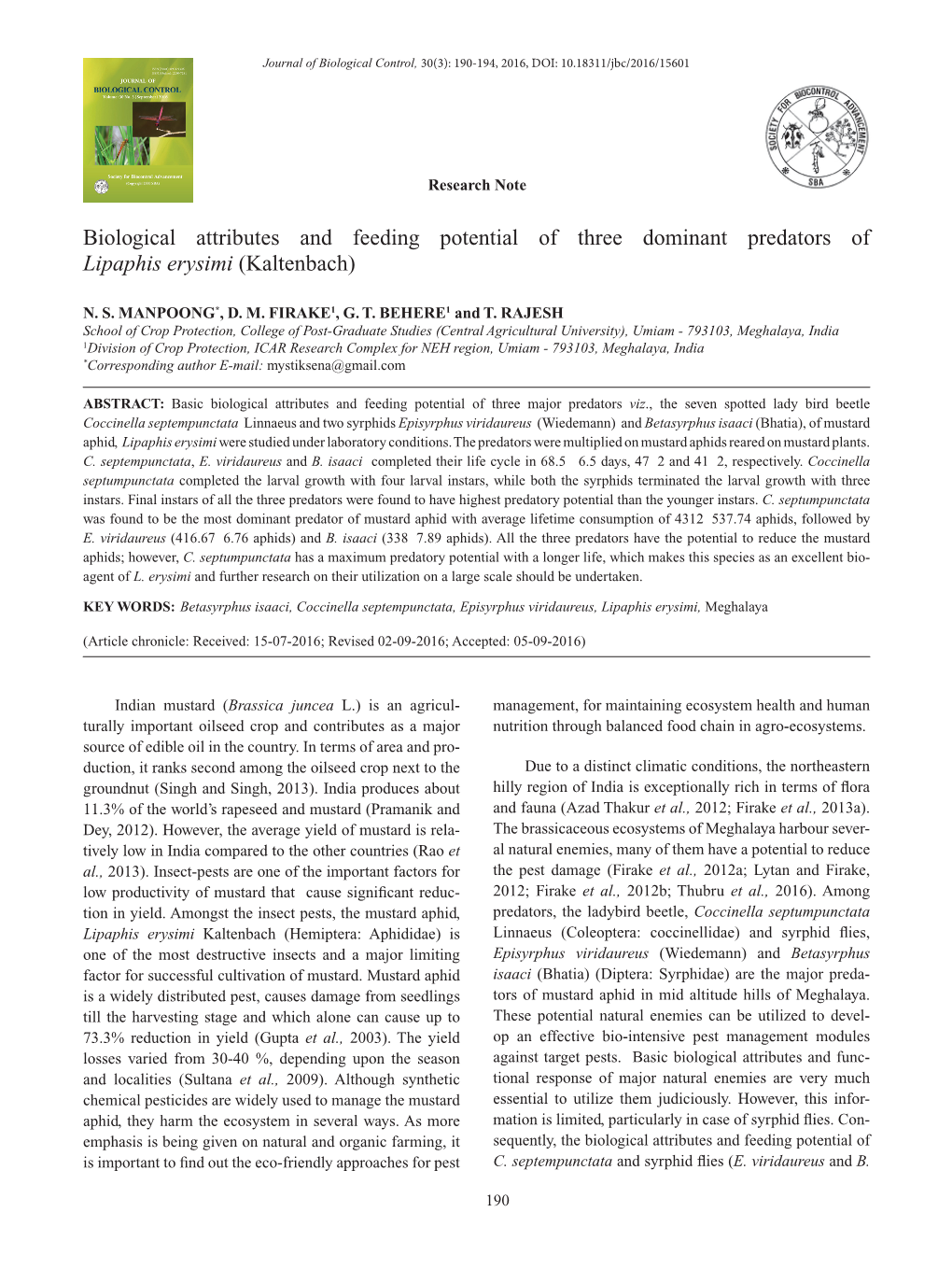 Biological Attributes and Feeding Potential of Three Dominant Predators of Lipaphis Erysimi (Kaltenbach)