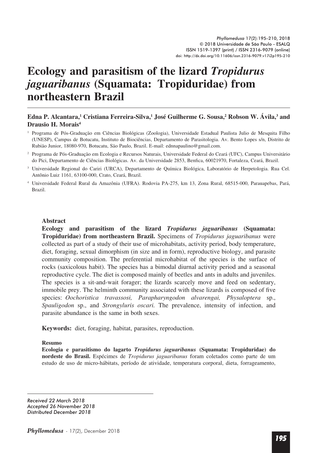 Ecology and Parasitism of the Lizard Tropidurus Jaguaribanus (Squamata: Tropiduridae) from Northeastern Brazil