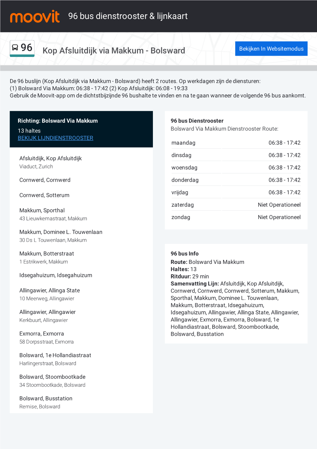 96 Bus Dienstrooster & Lijnroutekaart