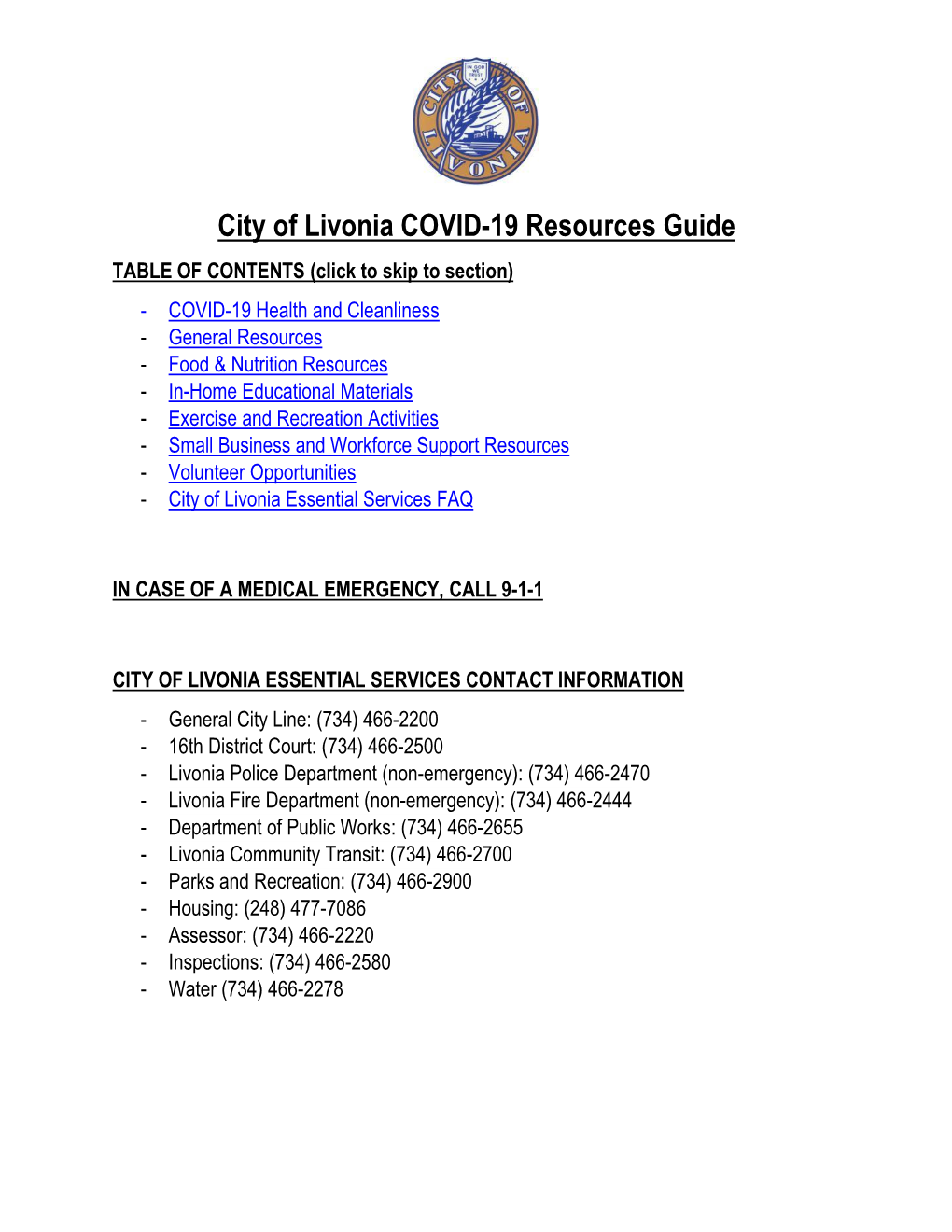 City of Livonia COVID-19 Resources Guide
