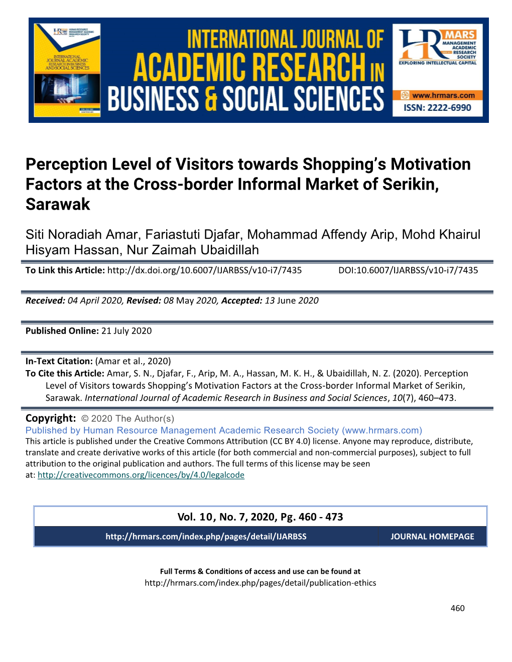 Perception Level of Visitors Towards Shopping's Motivation Factors at the Cross-Border Informal Market of Serikin, Sarawak