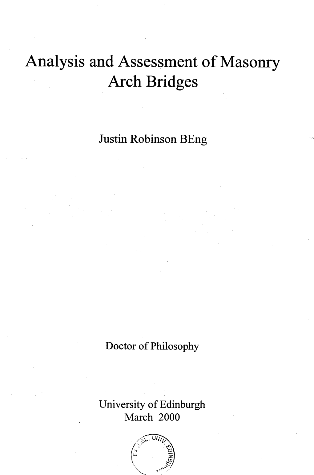 Analysis and Assessment of Masonry Arch Bridges