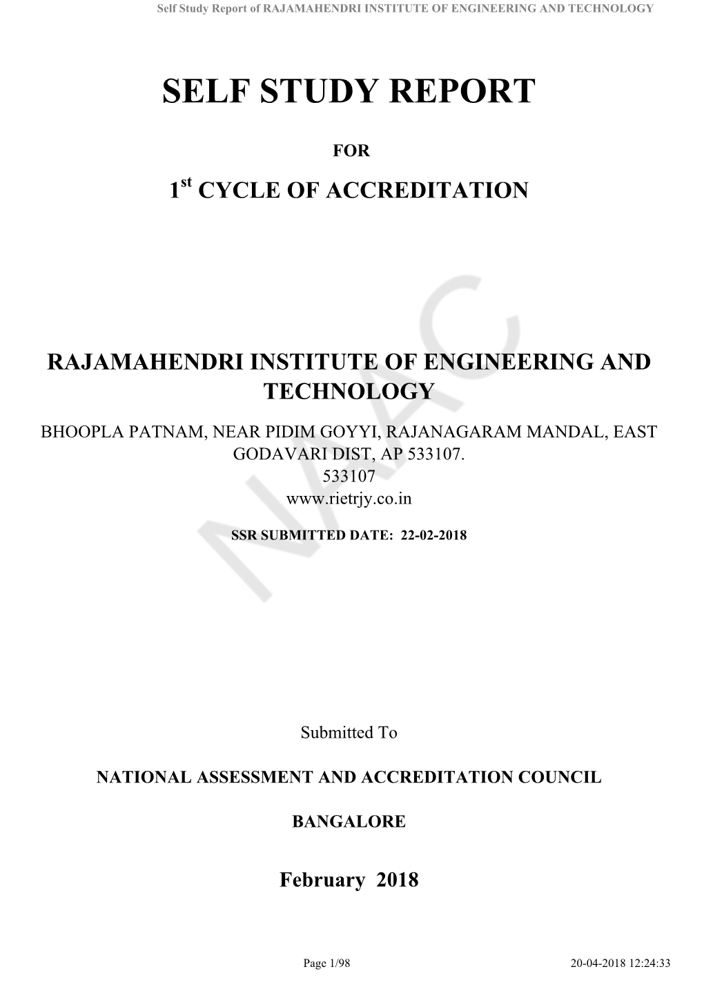 Self Study Report of RAJAMAHENDRI INSTITUTE of ENGINEERING and TECHNOLOGY