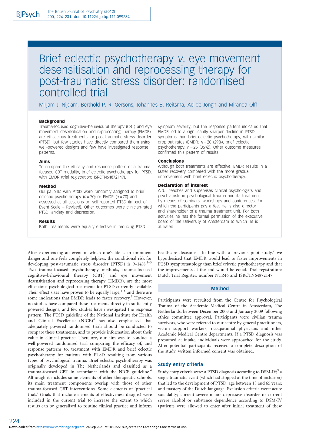 Brief Eclectic Psychotherapy V. Eye Movement Desensitisation and Reprocessing Therapy for Post-Traumatic Stress Disorder: Randomised Controlled Trial Mirjam J