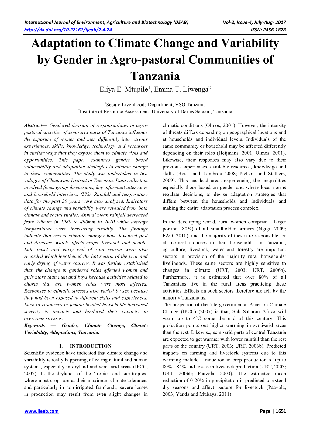 Adaptation to Climate Change and Variability by Gender in Agro-Pastoral Communities of Tanzania Eliya E