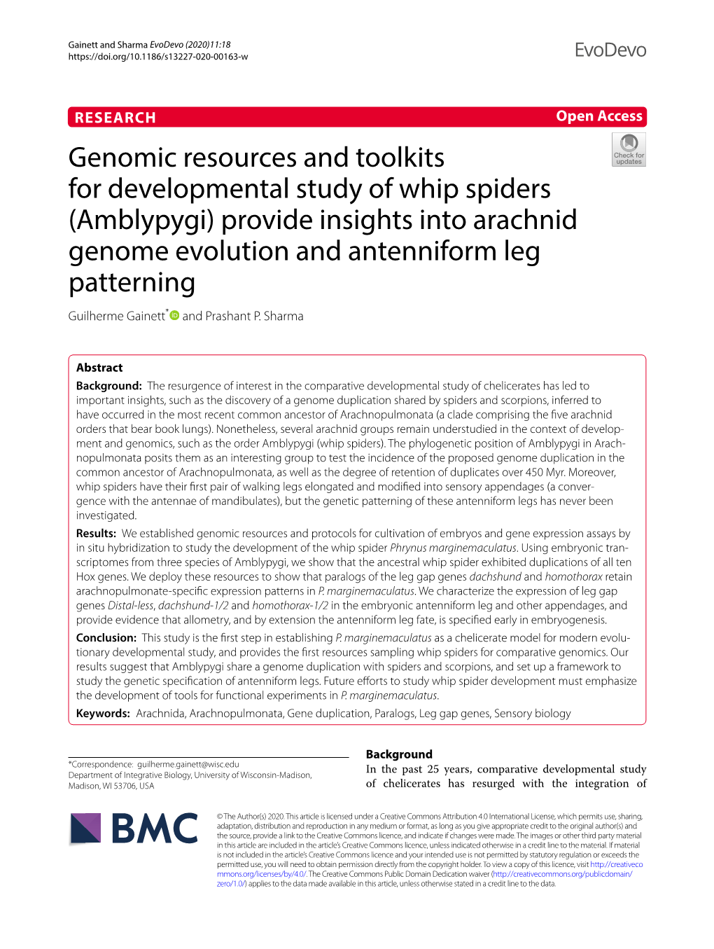 (Amblypygi) Provide Insights Into Arachnid Genome Evolution and Antenniform Leg Patterning Guilherme Gainett* and Prashant P