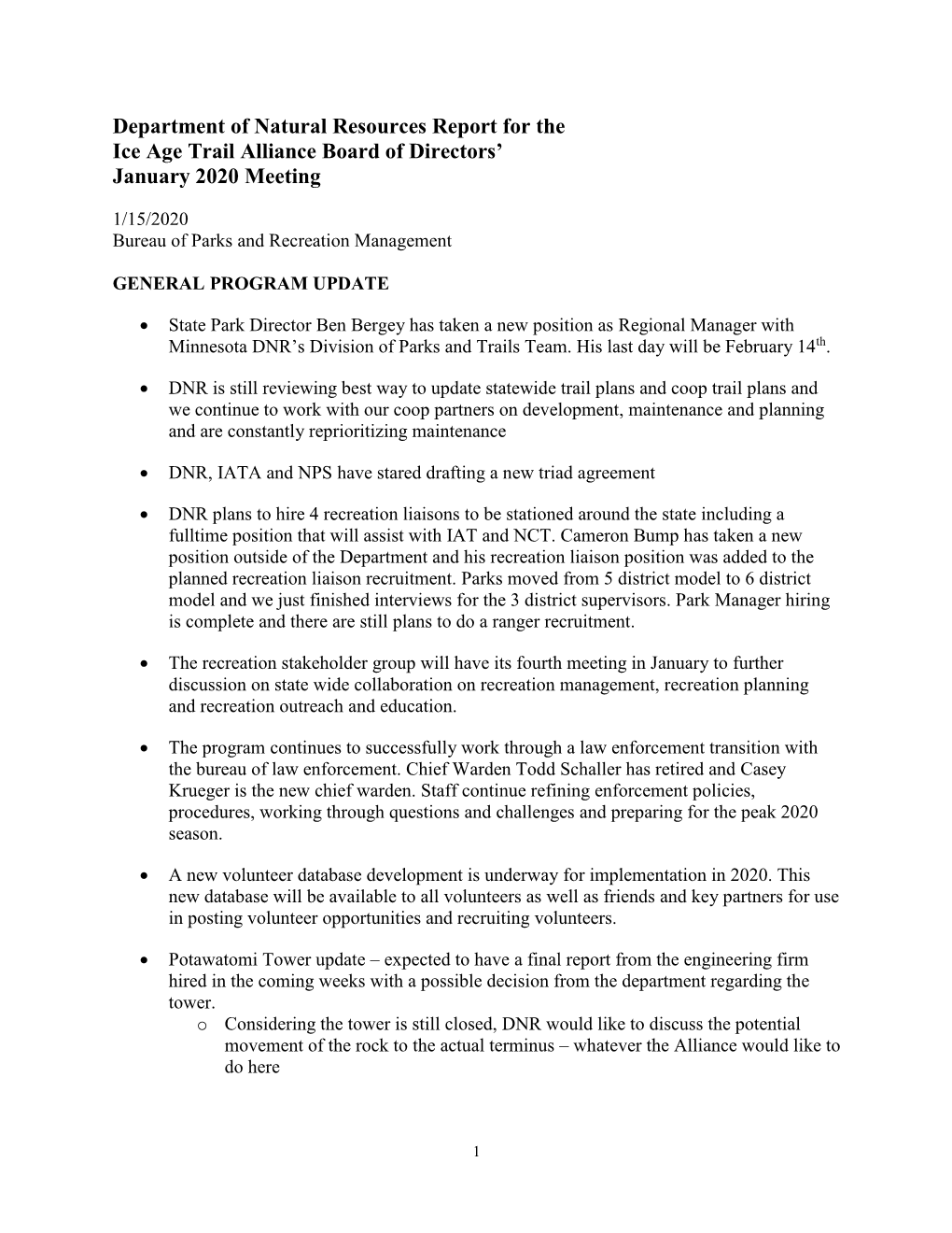 Department of Natural Resources Report for the Ice Age Trail Alliance Board of Directors’ January 2020 Meeting