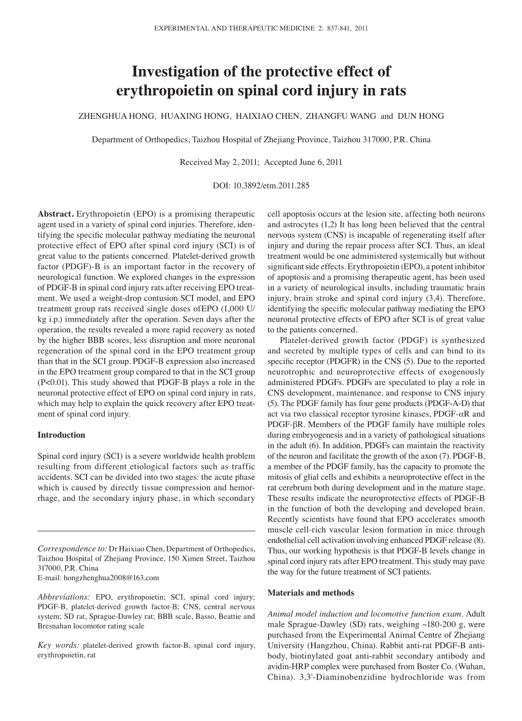 Investigation of the Protective Effect of Erythropoietin on Spinal Cord Injury in Rats