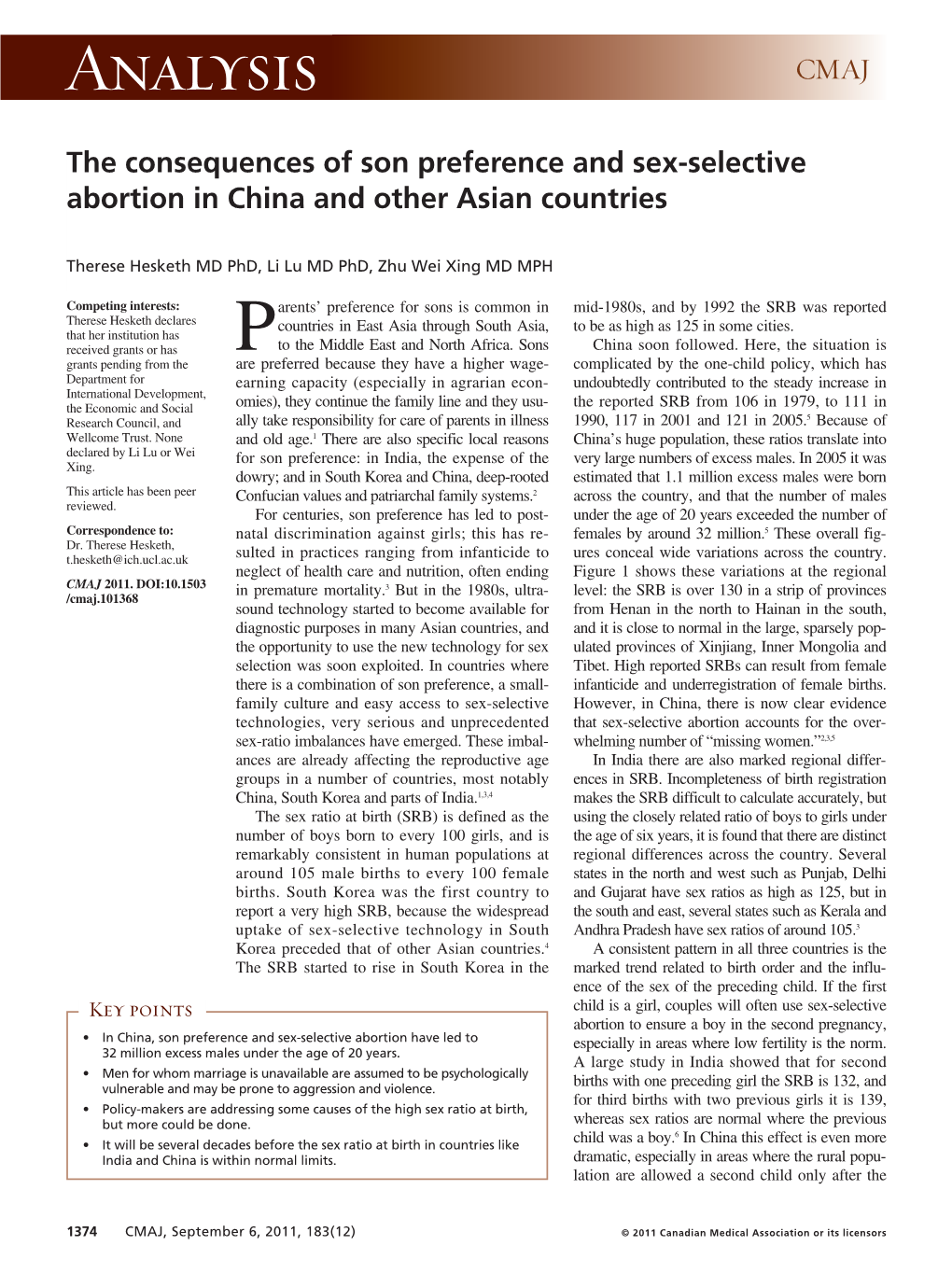 The Consequences of Son Preference and Sex-Selective Abortion in China and Other Asian Countries